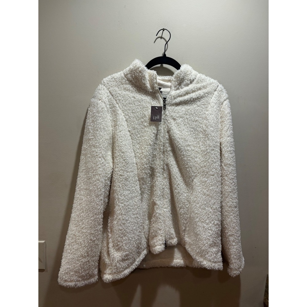 NWT J. Jill Ivory Boucle Fleece Full Zip Jacket Mock Neck Women‎ XL Fuzzy Soft